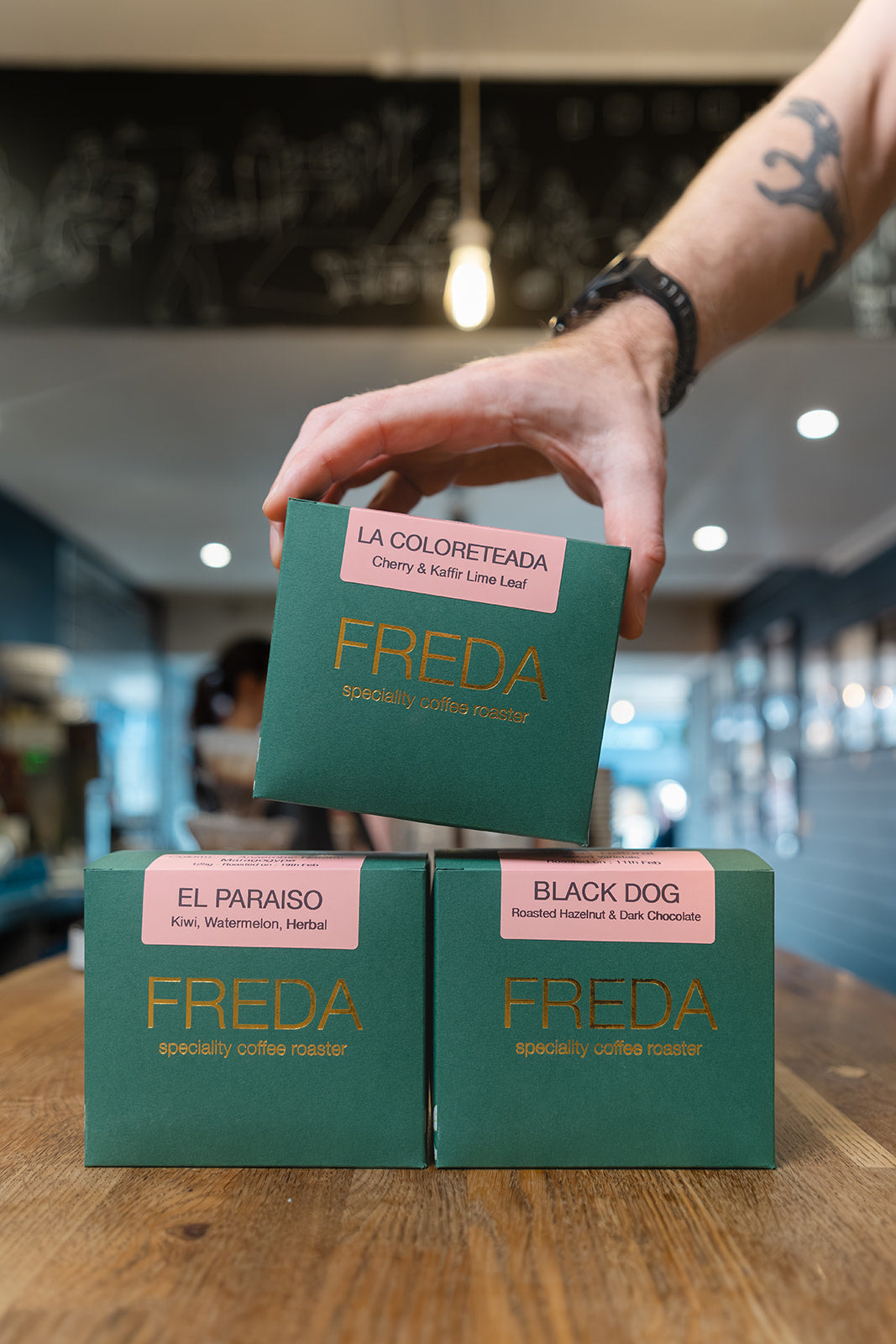 Freda small batch specialty coffee beans and brewing setup