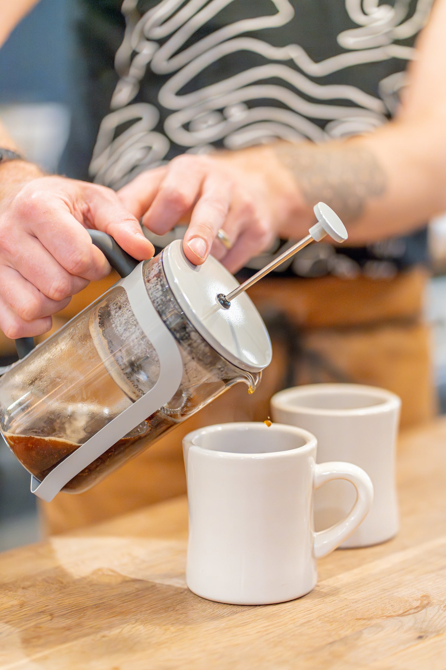 Pouring Freda Speciality Coffee from a french press, cafetiere 