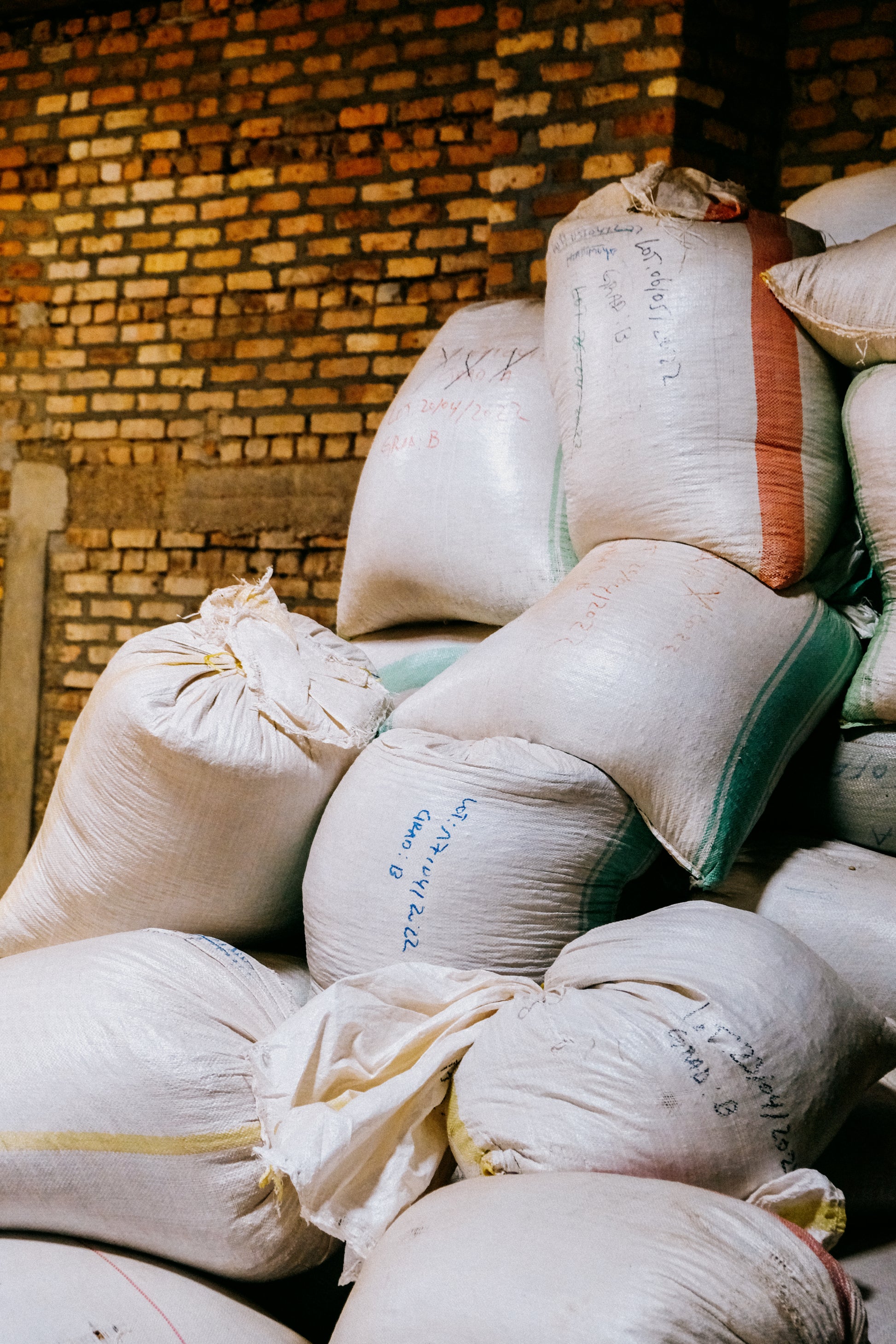 Coffee sacks of speciality coffee ready to be freshly roasted