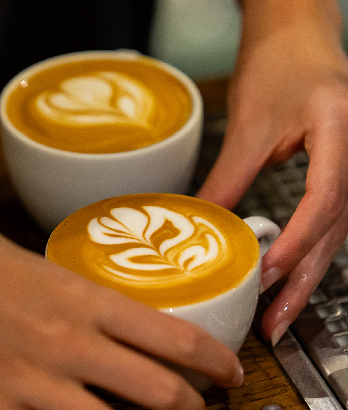 Two white ceramic cups of coffee with latte art, held by hands over a wooden counter in Brighton