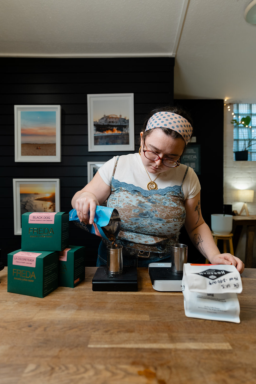 Freda Coffee packaging, coffee being brewed in Bond Street Coffee, Brighton Speciality Coffee